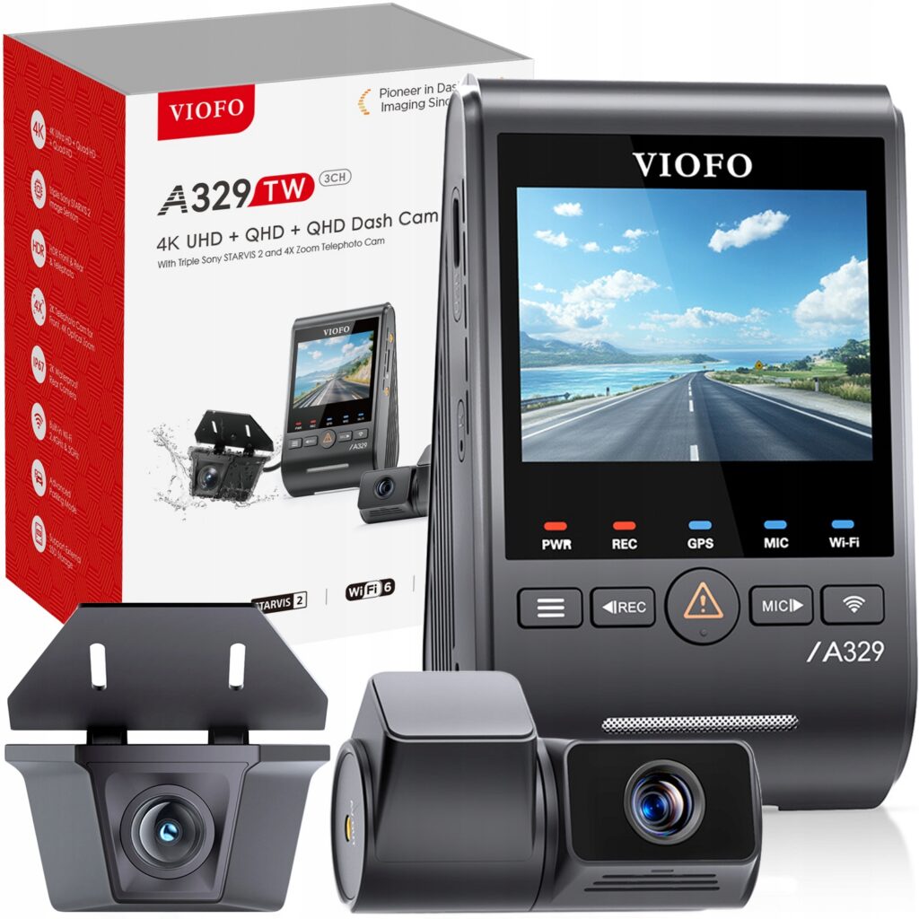 Wideorejestrator VIOFO A329TW 3CH z teleobiektywem oraz zewnętrzną wodoodporną kamerą tylną
