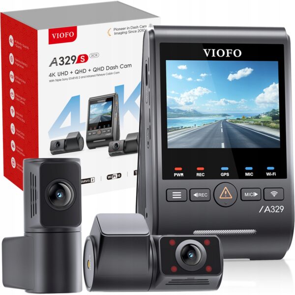 Wideorejestrator VIOFO A329S 3CH z kamerą przednią 4K, kamerą wewnętrzną fisheye oraz kamerą tylną