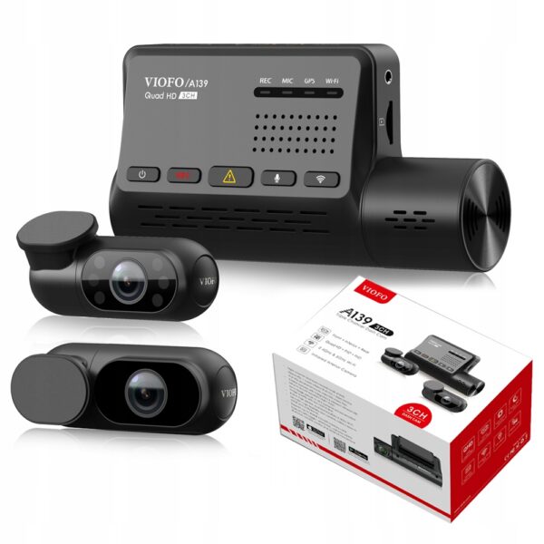 Wideorejestrator samochodowy VIOFO A139 3CH z filtrem CPL i trzema kamerami rejestrującymi przód wnętrze oraz tył