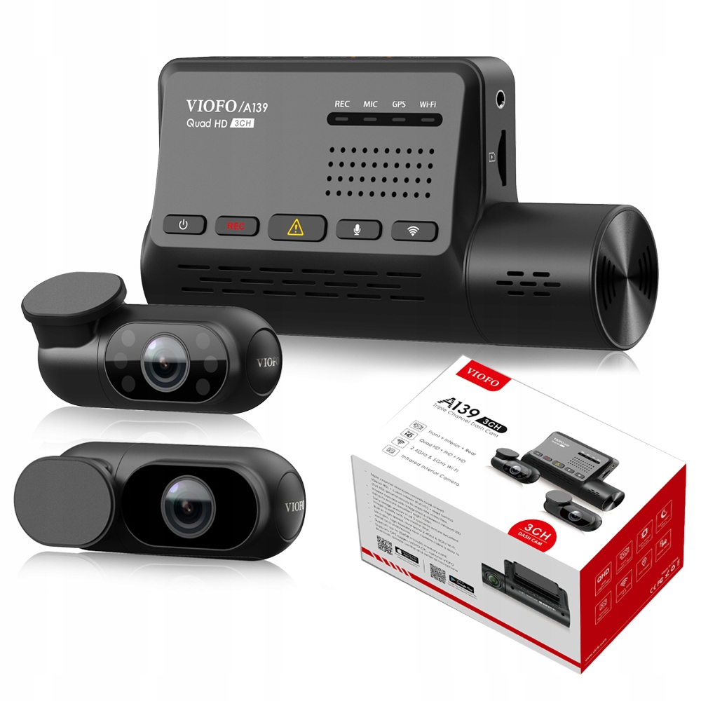 Wideorejestrator samochodowy VIOFO A139 3CH z filtrem CPL i trzema kamerami rejestrującymi przód wnętrze oraz tył